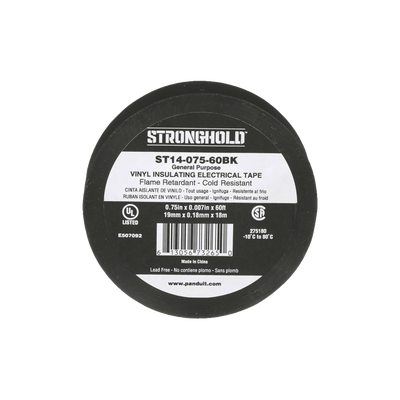 Cinta Eléctrica STRONGHOLD para Aislar, de PVC, Uso General Reparación y Mantenimiento, Grosor de 0.18mm (7 mil), Ancho de 19mm, y 18m de Largo, Color Negro