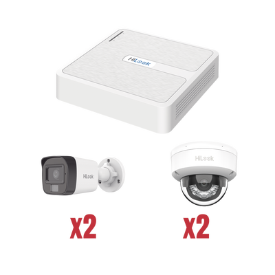 Kit IP 1080p (2 Megapixel) / NVR de 4 Canales con 4 Puertos PoE / 2 Cámaras IP Bala para Exterior con microfono y Dual light / 2 Cámaras IP Domo para Exterior