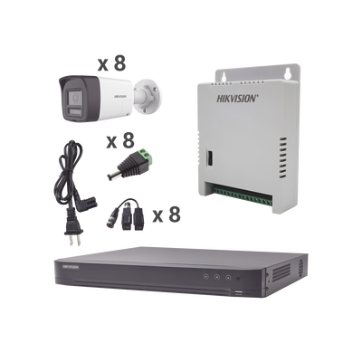 Kit Audio Bidireccional TurboHD 4K-3K / DVR 8 Canales 4K / 8 Cámaras Bala (Exterior) con Bocina y Microfóno Integrado 3K / 1 Fuentes de Poder / Accesorios