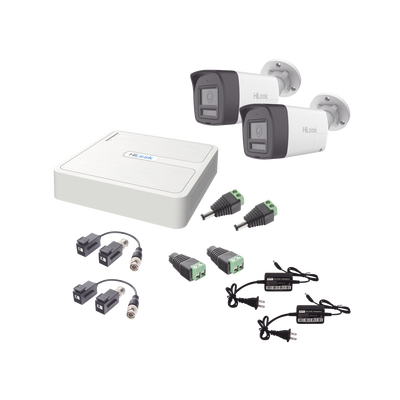 Kit HiLook Audio Bidireccional TurboHD 1080p / DVR 4 Canales / 2 Cámaras Bala (Exterior) con Bocina y Microfóno Integrado / 2 Fuentes de Poder / Accesorios