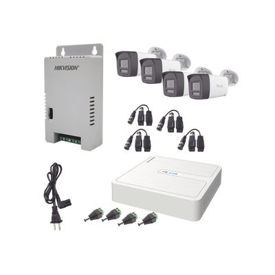 Kit HiLook Audio Bidireccional TurboHD 1080p / DVR Metalico 4 Canales / 4 Cámaras Bala (Exterior) con Bocina y Micrófono Integrado / 1 Fuente de Poder / Accesorios