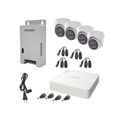 Kit HiLook Audio Bidireccional TurboHD 1080p / DVR 4 Canales / 4 Cámaras Eyeball (Exterior) con Bocina y Microfóno Integrado / 1 Fuente de Poder / Accesorios