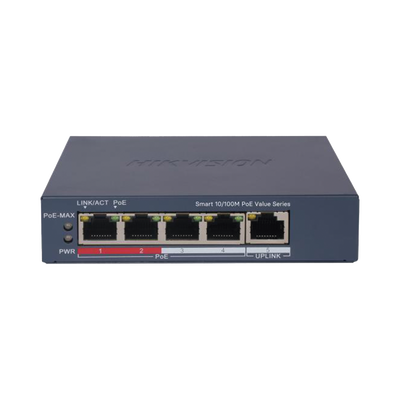 Switch PoE+ / Administrable / 4 Puertos 10/100 Mbps PoE+ / 1 Puerto 10/100 Mbps Uplink / Configuración Nube Hik-PartnerPro / Modo Extendido hasta 300 Metros /  45 W