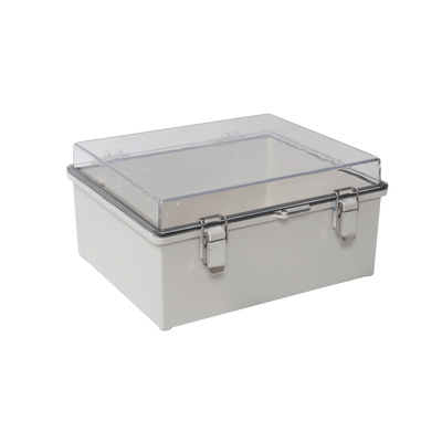 Gabinete Plástico ABS, Puerta Transparente, Uso en Intemperie IP66 (170 x 220 x 110 mm) Cierre por Broches Inoxidables y Permite Cerrado por Candado y Llave (Perno 5mm) No Incluido