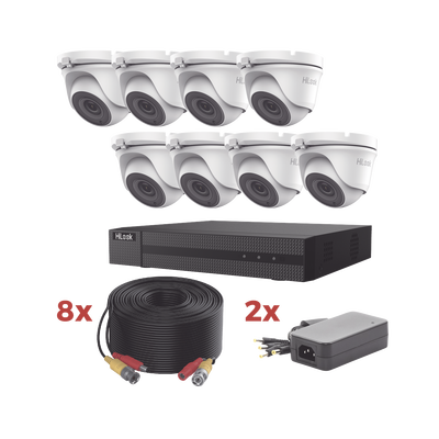 Kit TurboHD / DVR 8 Canales 1080p Lite / 8 Cámaras turret 1080p metalicas / 8 cables de 20 metros / 2 fuentes de 4 canales