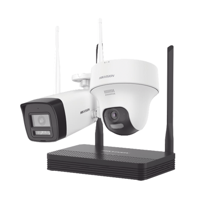 Kit IP Inalámbrico 4 Megapixel / NVS 4 Canales / 1 Cámara Bala Exterior + 1 Cámara Turret Interior con Lente 2.8 mm y Dual Light / Audio Bidireccional (Micrófono y Bocina) / Soporta Micro SD de 512 GB