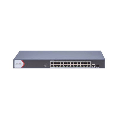 Switch Gigabit PoE+ / Administrable / 24 Puertos 1000 Mbps PoE+ / 1 Puerto 1000 Mbps Uplink  / 1 Puertos SFP Uplink / Configuración Nube Hik-Partner Pro / Modo Extendido hasta 300 Metros / 230 W