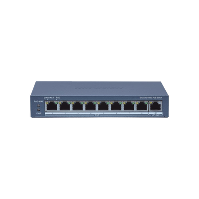 Switch Administrable PoE+ / 8 puertos 100 Mbps PoE+ / 1 puerto 1000 Mbps de Uplink / PoE hasta 300 Metros / Conexión Remota desde Hik-ParnerPro / 110 W
