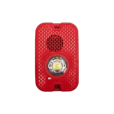 Sirena con Lámpara LED Estroboscópica / 2 Hilos / Montaje en Pared / 16 a 24 Vcd / Configuración Estroboscópica Seleccionable / Texto en Inglés / Color Rojo / Uso exterior