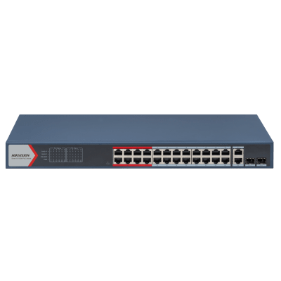 Switch  PoE+ / Monitoreable / 24 Puertos 100 Mbps PoE+ / 2 Puertos 1000 Mbps + 2 Puertos SFP de Uplink (COMBO) / Configuración Nube Hik-Partner Pro / Modo Extendido hasta 300 Metros / 370 Watts