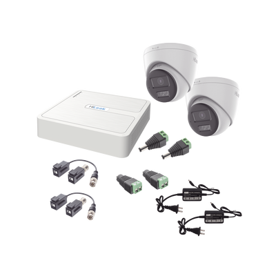 Kit HiLook Audio Bidireccional TurboHD 1080p / DVR 4 Canales / 2 Cámaras Turret (Exterior) con Bocina y Microfóno Integrado / 2 Fuentes de Poder / Accesorios