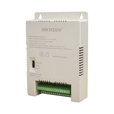Fuente de Poder Regulada 12 Vcc / 13.5 Vcc / 15 Vcc para 16 Cámaras / 16 Amp (1 Amp por Salida) / Voltaje de Entrada 90 - 130 VCA / Soporta 4K / Modo para Largas Distancias