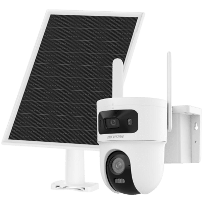 Kit Solar IP All in One Doble Lente / AOV / PT IP 4 Megapixel Lente 4 mm / Fijo 4 Megapixel Lente 2.8 mm / Panel Solar + Batería de Respaldo de Litio (9000 mAh) / Conexión 4G / Audio de Dos Vías / Dual Light / IP66 / Micro SD
