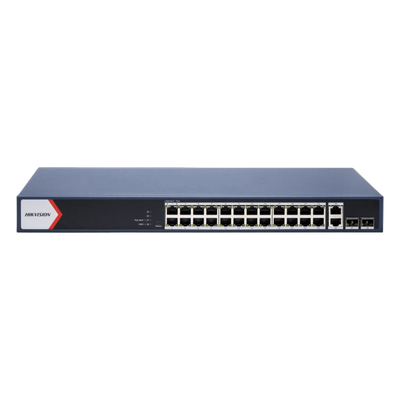 Switch Gigabit PoE+ / Administrable / 24 Puertos 1000 Mbps PoE+ / 2 Puertos 1000 Mbps Uplink  / 2 Puertos SFP Uplink / Configuración Nube Hik-Partner Pro / Modo Extendido hasta 300 Metros / 230 W