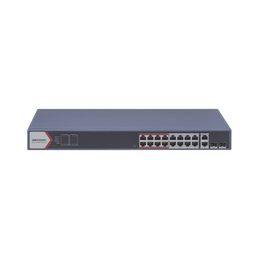 Switch PoE+ / Monitoreable / 16 puertos 10/100 Mbps PoE+ / 2 Puertos 1000 Mbps Uplink / 2 Puertos SFP de Uplink /  Configuración Nube Hik-Partner Pro / Modo Extendido hasta 300 metros / 230 W 