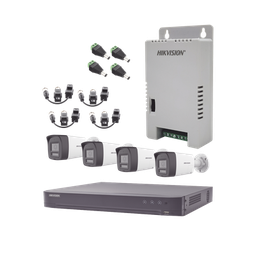 Kit Audio Bidireccional TurboHD 4K-3K / DVR 4 Canales 4K / 4 Cámaras Bala (Exterior) con Bocina y Microfóno Integrado 3K / 1 Fuentes de Poder / Accesorios