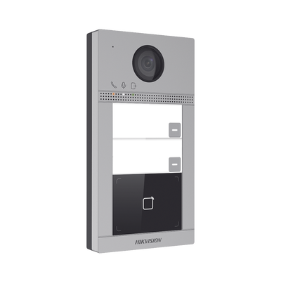 Videoportero IP 2 Megapixel / Llamada y Apertura Remota desde App Hik-Connect (requiere monitor) / PoE / Exterior IP65 + Antivandalico IK08 / 2 Departamentos / Apertura con Tarjeta / Soporta 2 Puertas y hasta 6 Monitores