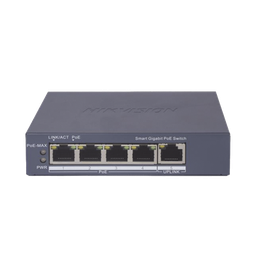 Switch Gigabit PoE+ / Administrable / 4 Puertos 1000 Mbps PoE+ / 1 Puerto 1000 Mbps Uplink / Configuración Nube Hik-PartnerPro / Modo Extendido hasta 300 Metros / 60 Watts
