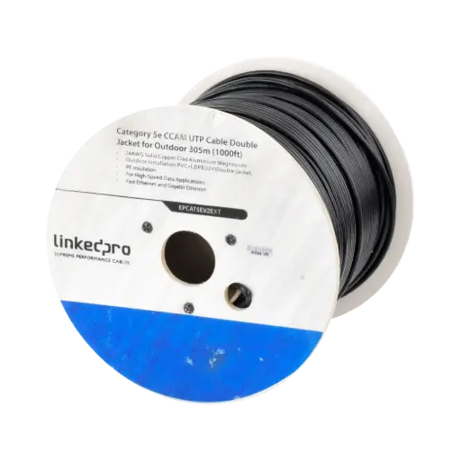 Bobina de Cable de 305 Metros (1000 Pies) Cat5e, Aleación de Cobre y Aluminio (CCA), Color Negro, Uso Intemperie, Doble Forro